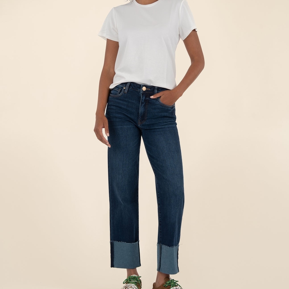 Kut from the Kloth Dark Blue Straight Leg Jeans with Cuffed Hem